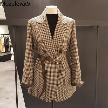 Mozuleva Korean Plaid Women Work Blazer Jacket Casual Double-breasted Sashes Suit Jacket Female 2020 Slim Female Blazer Outwear