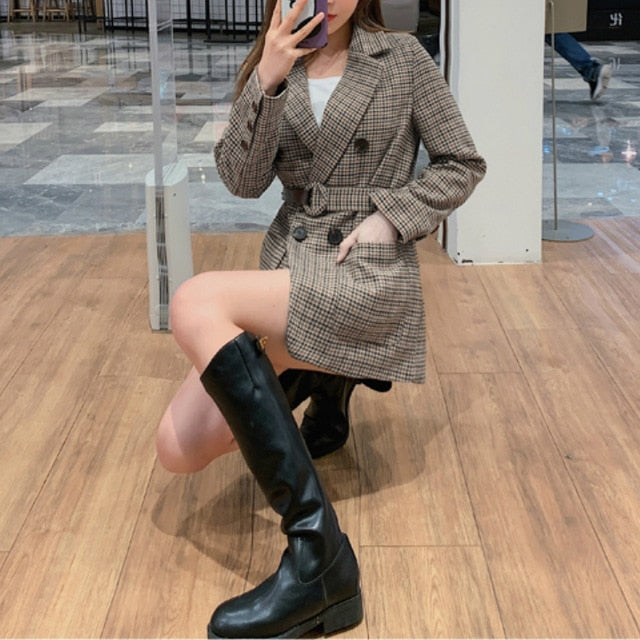 Mozuleva Korean Plaid Women Work Blazer Jacket Casual Double-breasted Sashes Suit Jacket Female 2020 Slim Female Blazer Outwear