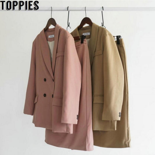 Toppies 2020 Spring Women Blazer Suits Doule Breasted Pink Blazer High Waist Skirt Office Lady Sets